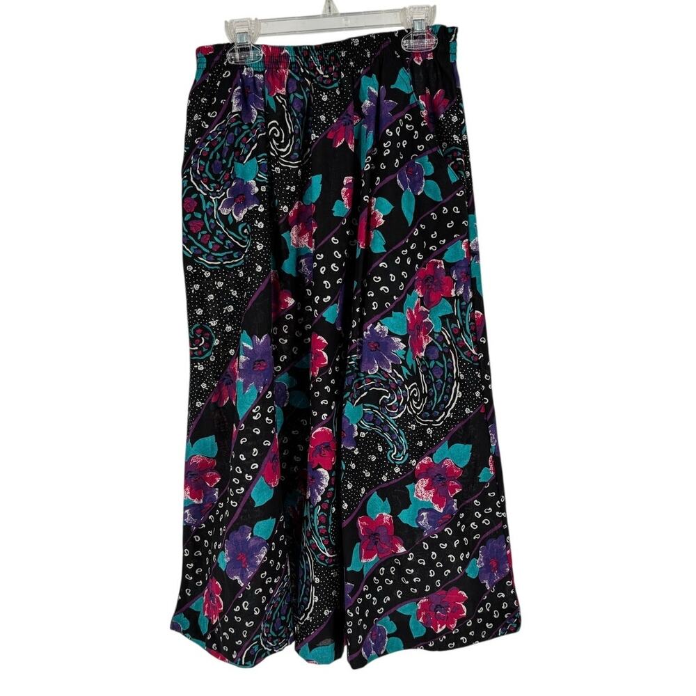 Vintage 80s Booth Bay Floral Midi Skirt Black Teal Purple Sz 9/10 Elastic USA